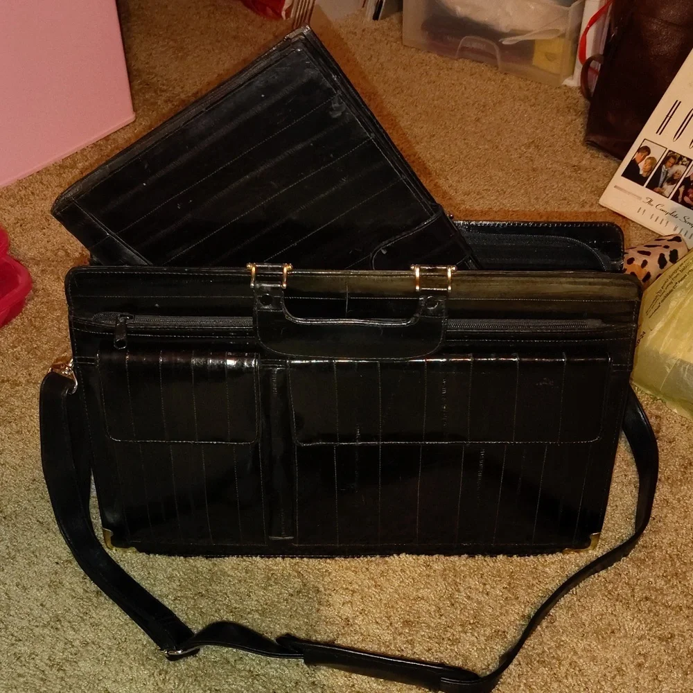 Vtg 80s Black Patent Eelskin (Sea Leather) Briefcase & Portfolio